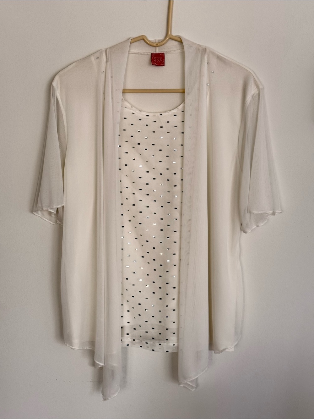 Fashion One Vintage 90s Y2K White Sequin Mesh Twin Set Cardigan Cami Tank M/L